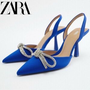 Zara Royal Blue Slingback Heels with Silver Bow